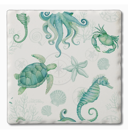 Absorbent Stone Coaster, Teal Sea Life Beach Therapy disc