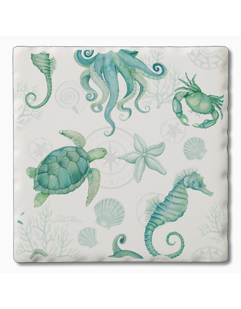 Absorbent Stone Coaster, Teal Sea Life Beach Therapy disc