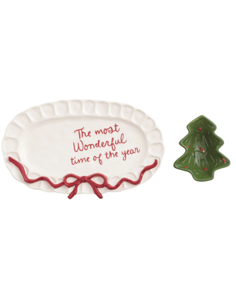Mudpie Holiday Bow  2PC Tree Platter & Tidbit Bowl Set