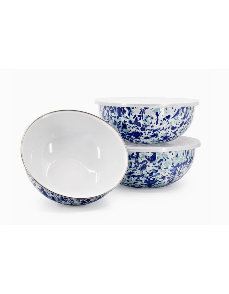 Golden Rabbit Ocean Blues Swirl Mixing Bowls with Lids, Set of 3, Enamelware