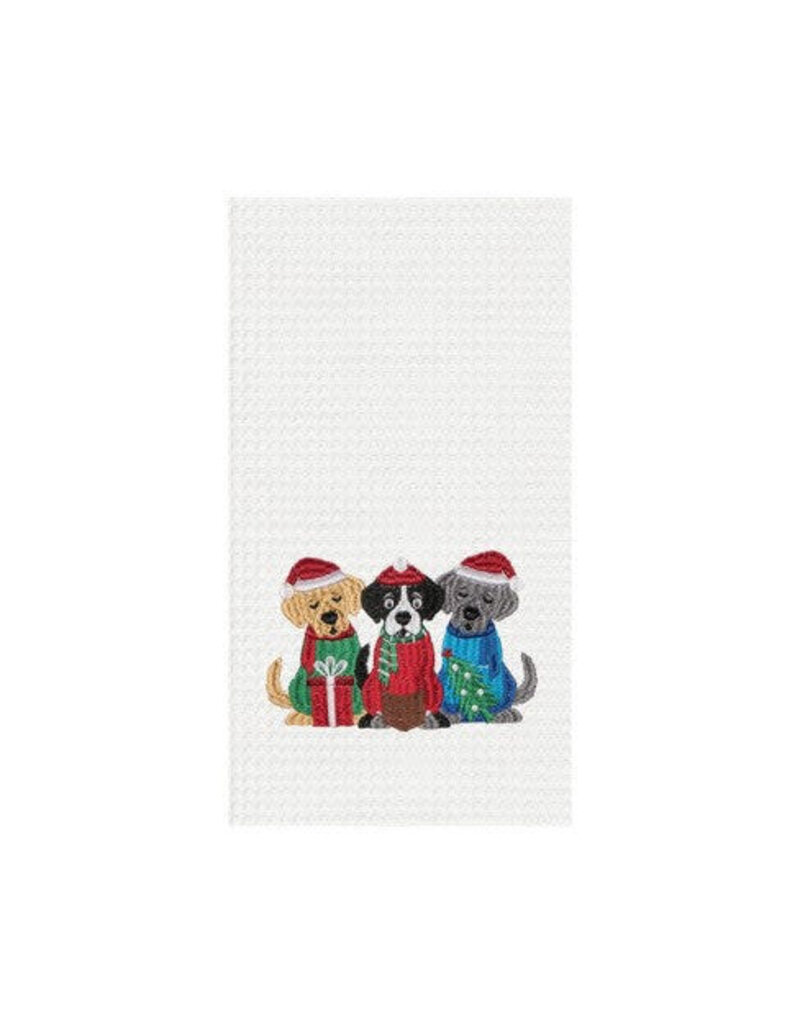 C and F Home Holiday Dish Towel, 3 Carolin' Dogs Santa Hats, waffle weave disc