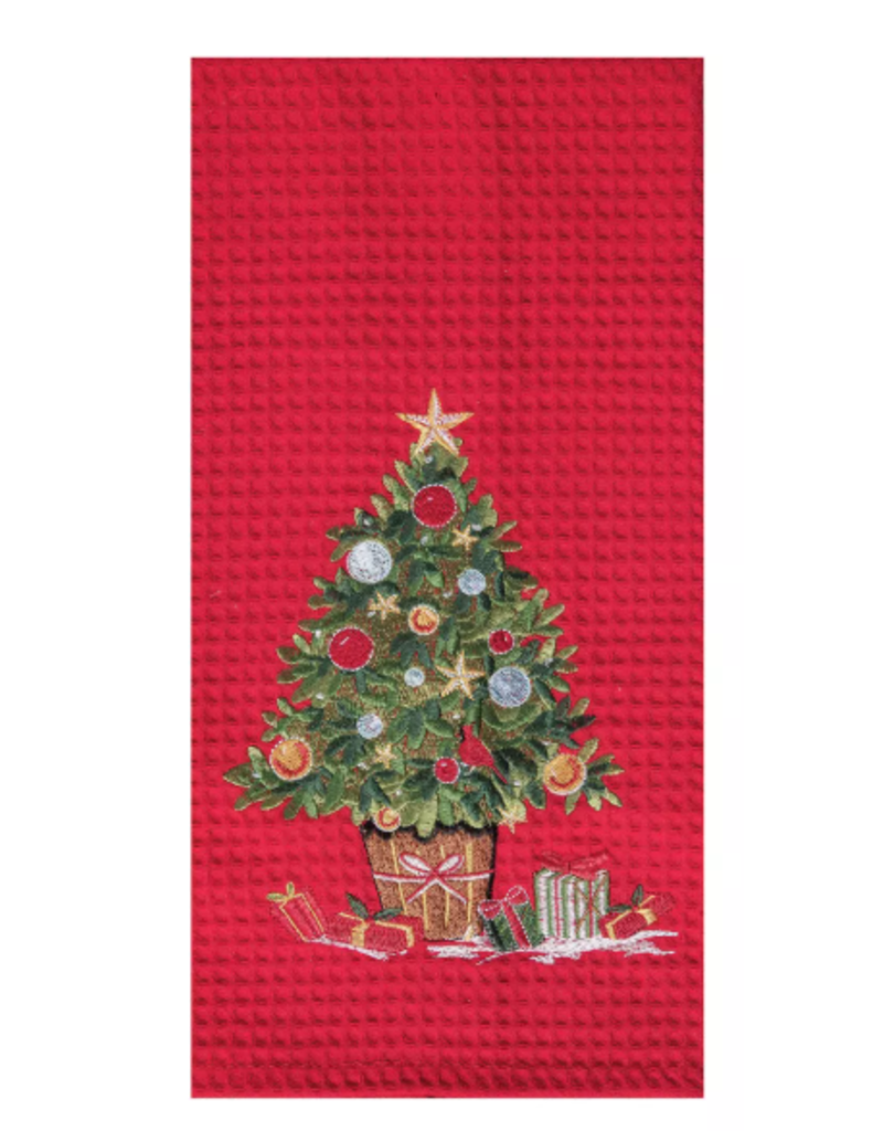 C and F Home Holiday Dish Towel, Holiday Tree, RED waffle weave