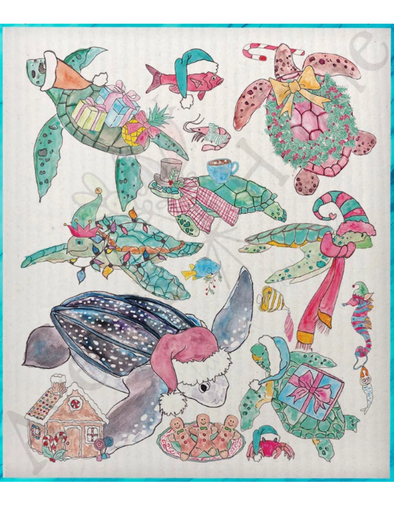 Holiday Swedish Dish Cloth, Xmas Sea Turtles