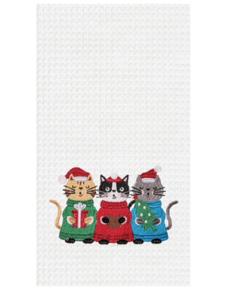 C and F Home Holiday Dish Towel, 3 Carolin' Cats Santa Hats, waffle weave*