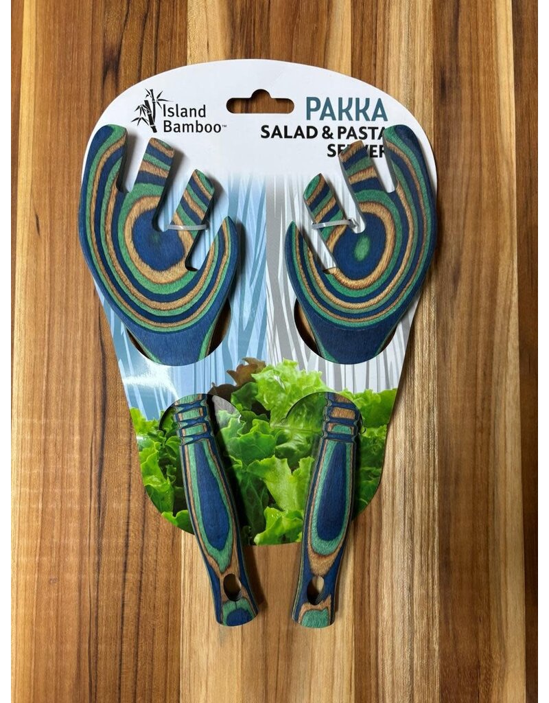 Island Bamboo/Wilshire Peacock Green/Blue Pakkawood Salad & Pasta Servers, LEAF design, 9"