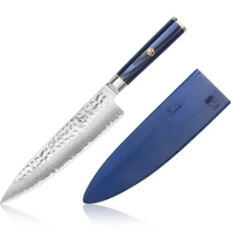 Cangshan Kita Blue Wood Chef Knife with Sheath, hammered steel, 8"
