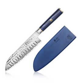 Cangshan Kita Blue Wood Hollow Edge Santoku Knife with Sheath, hammered steel, 5"