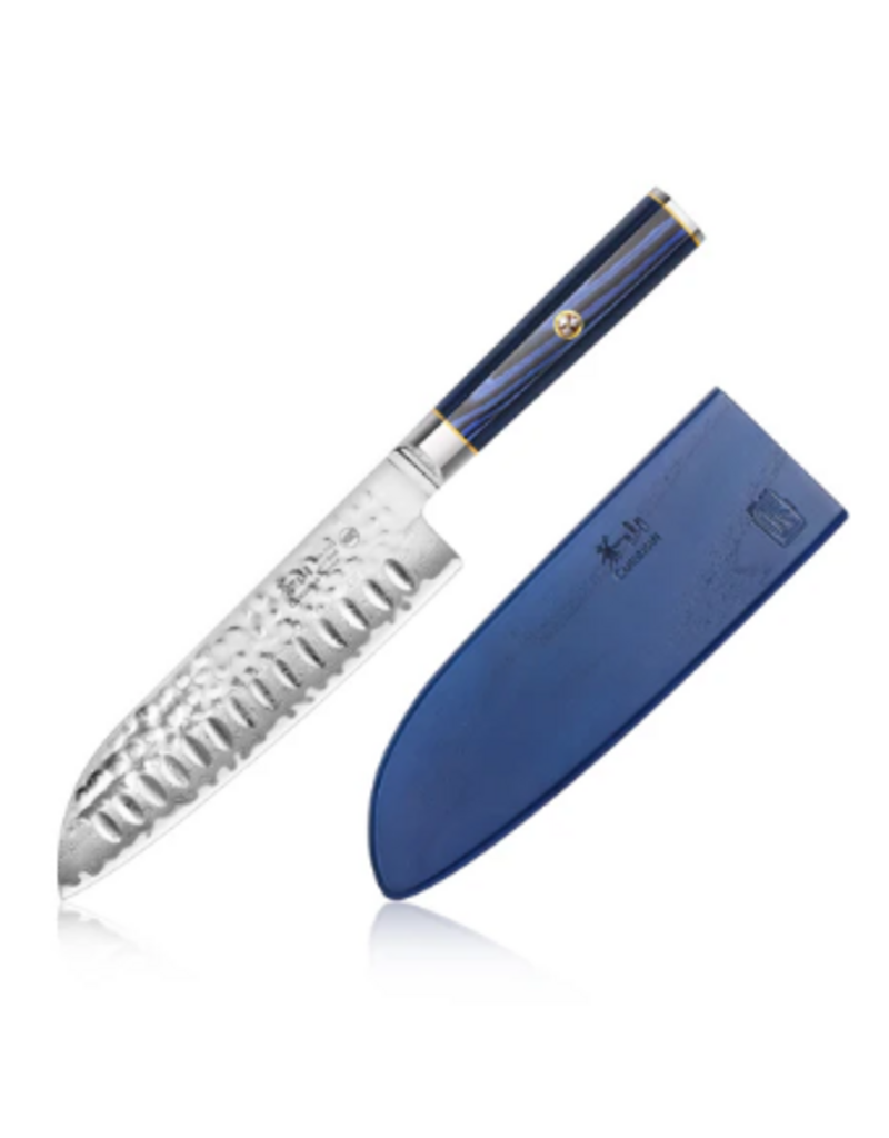 Cangshan Kita Blue Wood Hollow Edge Santoku Knife with Sheath, hammered steel, 7"