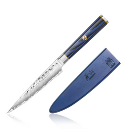 Cangshan Kita Blue Wood Serrated Utility Knife with Sheath, hammered steel, 5"
