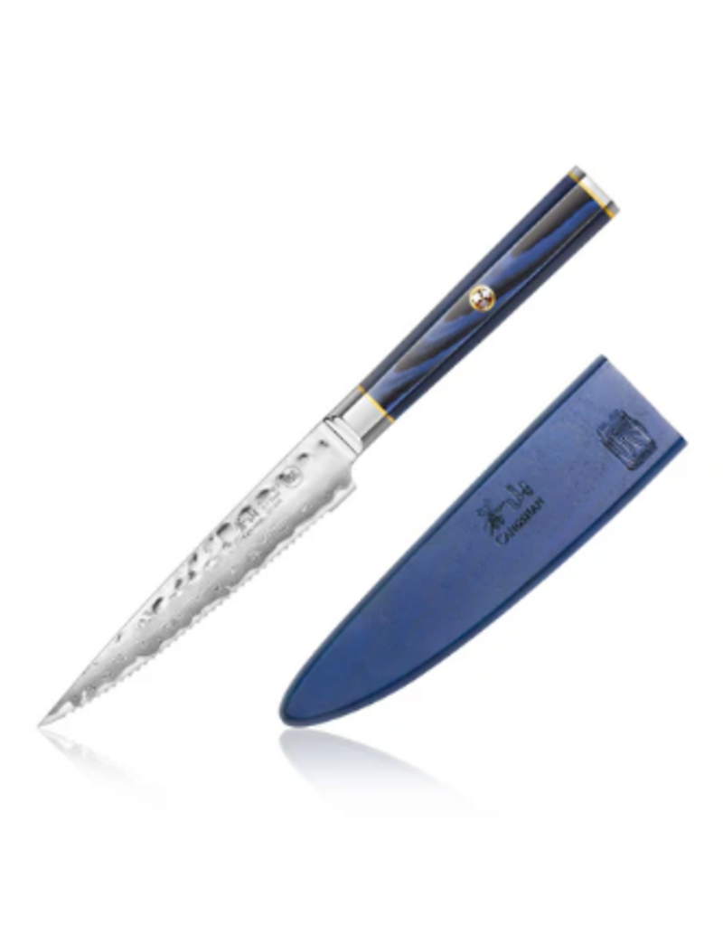Cangshan Kita Blue Wood Serrated Utility Knife with Sheath, hammered steel, 5"