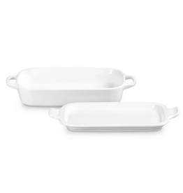Le Creuset Stoneware Rectangular Casserole with PLATTER LID White 3Qt 14.75x9*