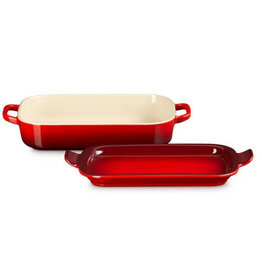 Le Creuset Stoneware Rectangular Casserole with PLATTER LID Cerise Red 3Qt 14.75x9*
