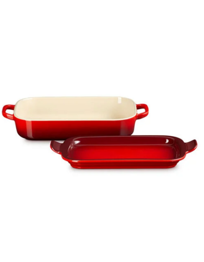 Le Creuset Stoneware Rectangular Casserole with PLATTER LID Cerise Red 3Qt 14.75x9*