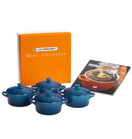 Le Creuset Stoneware Mini Cocottes w/ Cookbook, Marseille Blue, Set of 4