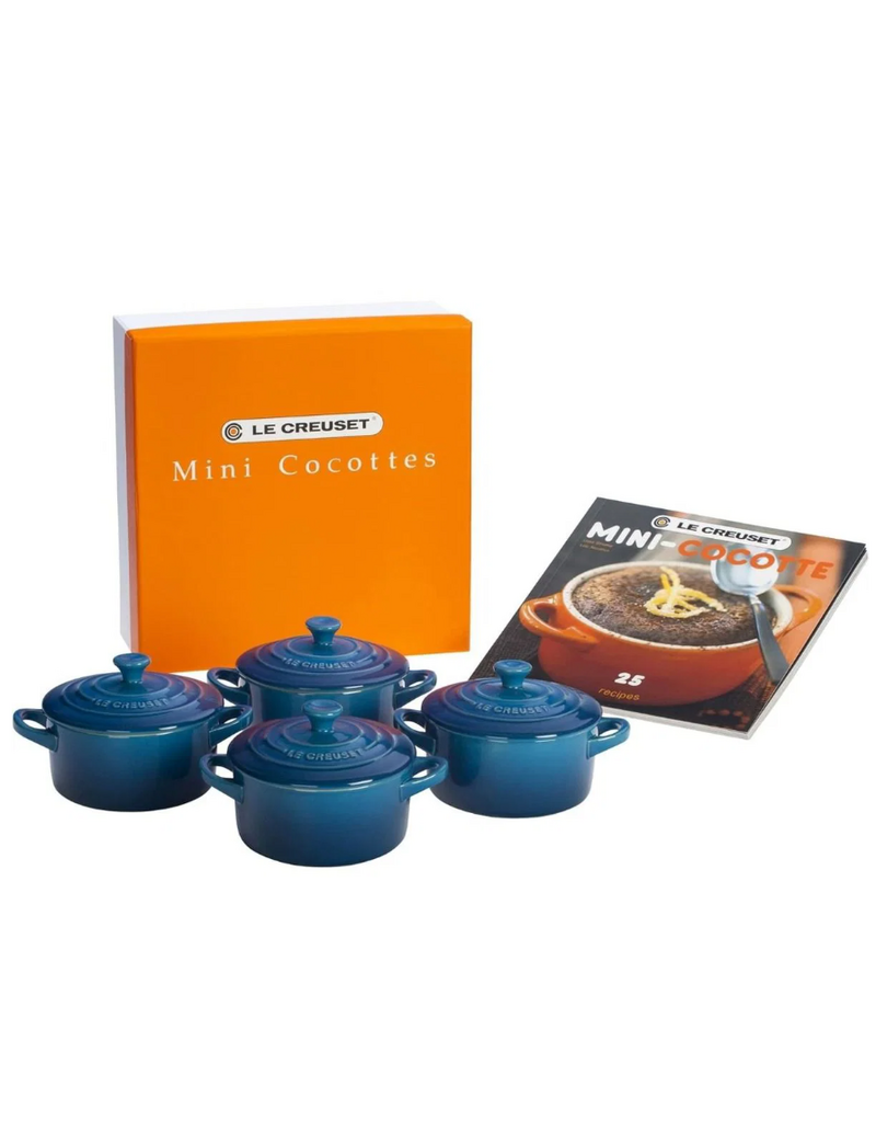 Le Creuset Stoneware Mini Cocottes w/ Cookbook, Marseille Blue, Set of 4