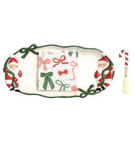 Mudpie Holiday Santa + Bows Ceramic 14x6 Tray Set, 12x Cocktail Napkins, Spreader