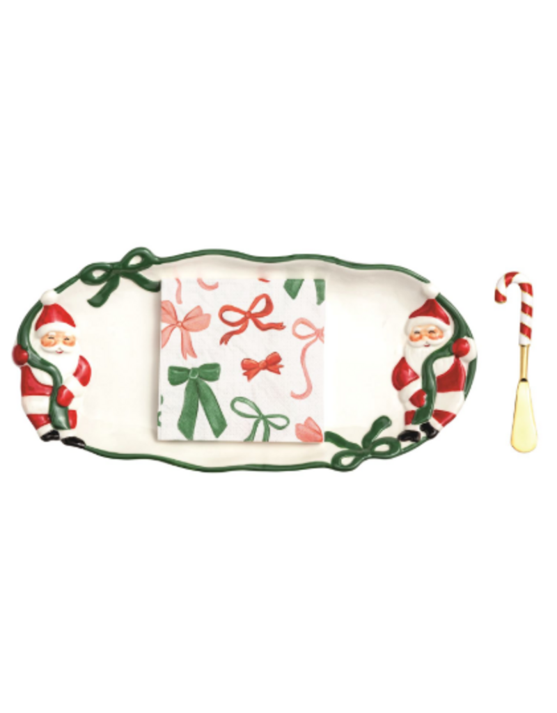 Mudpie Holiday Santa + Bows Ceramic 14x6 Tray Set, 12x Cocktail Napkins, Spreader