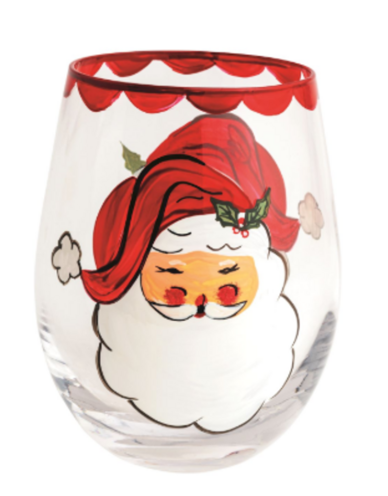 Mudpie Holiday Painted Stemless Wine Glass, Santa