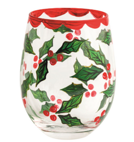 Mudpie Holiday Painted Stemless Wine Glass, Holly