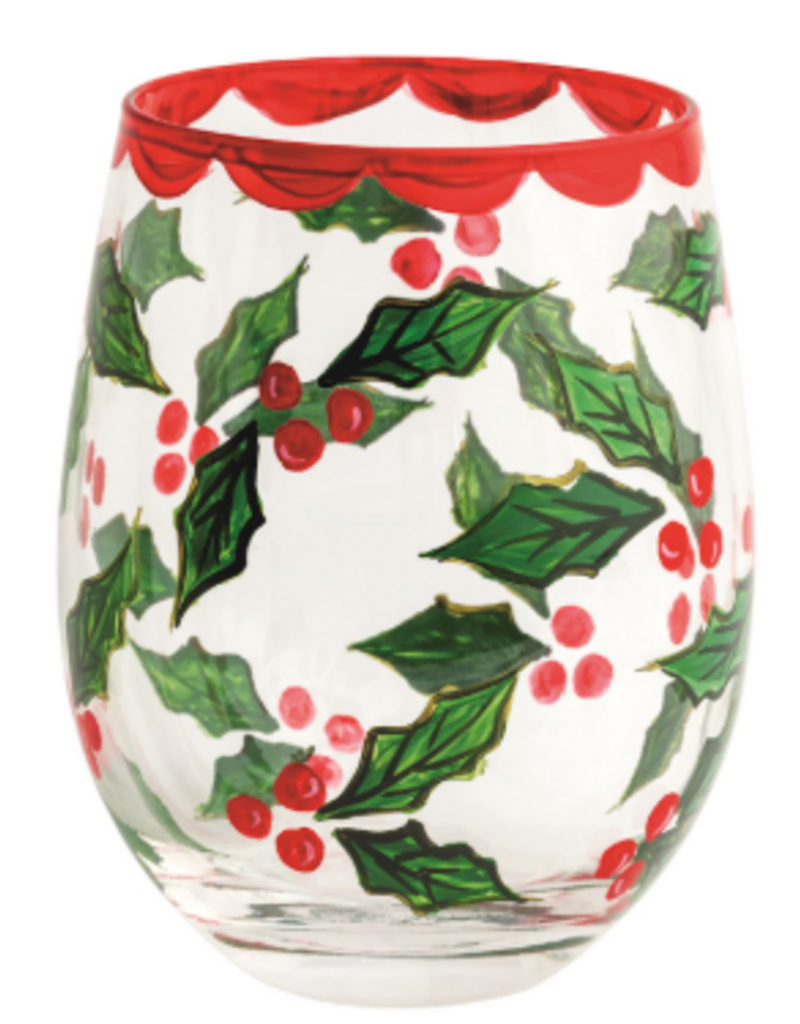 Mudpie Holiday Painted Stemless Wine Glass, Holly