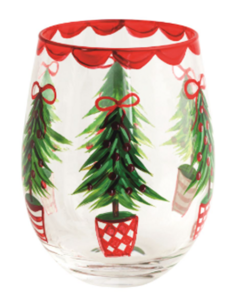 Mudpie Holiday Painted Stemless Wine Glass, Christmas Tree