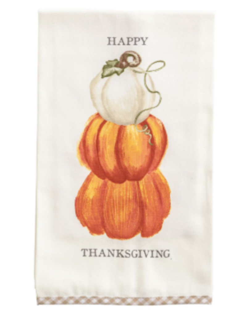 Mudpie Fall Gingham Towel, Stacked Pumpkins, Happy Thx