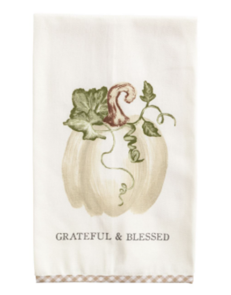 Mudpie Fall Gingham Towel, White Pumpkin, Grateful Blessed