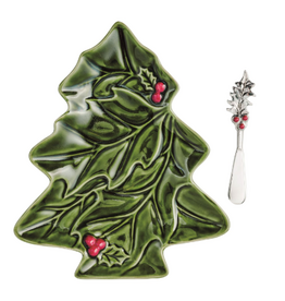 Mudpie Holiday Tree-Shape Holly Embossed Plate and Spreader Set