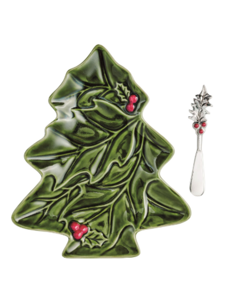 Mudpie Holiday Tree-Shape Holly Embossed Plate and Spreader Set