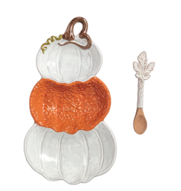 Mudpie Fall Stacked Pumpkin Triple Tray and Spoon, 11x6