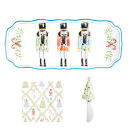 Mudpie Holiday Nutcracker Ceramic 14x6 Tray Set, 12x Cocktail Napkins, Spreader