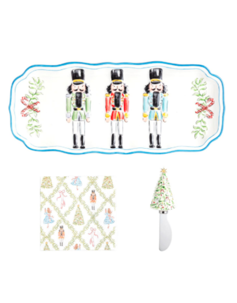 Mudpie Holiday Nutcracker Ceramic 14x6 Tray Set, 12x Cocktail Napkins, Spreader