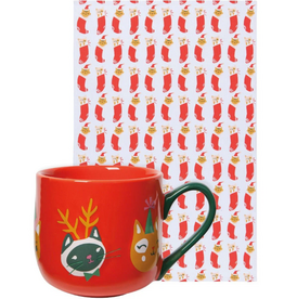 Now Designs Holiday Mug+Dish Towel Set, Let it Meow Cat