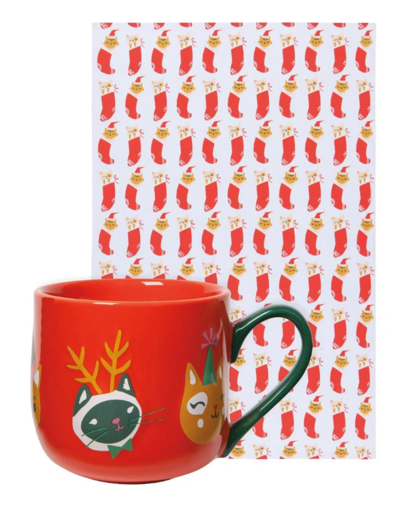 Now Designs Holiday Mug+Dish Towel Set, Let it Meow Cat