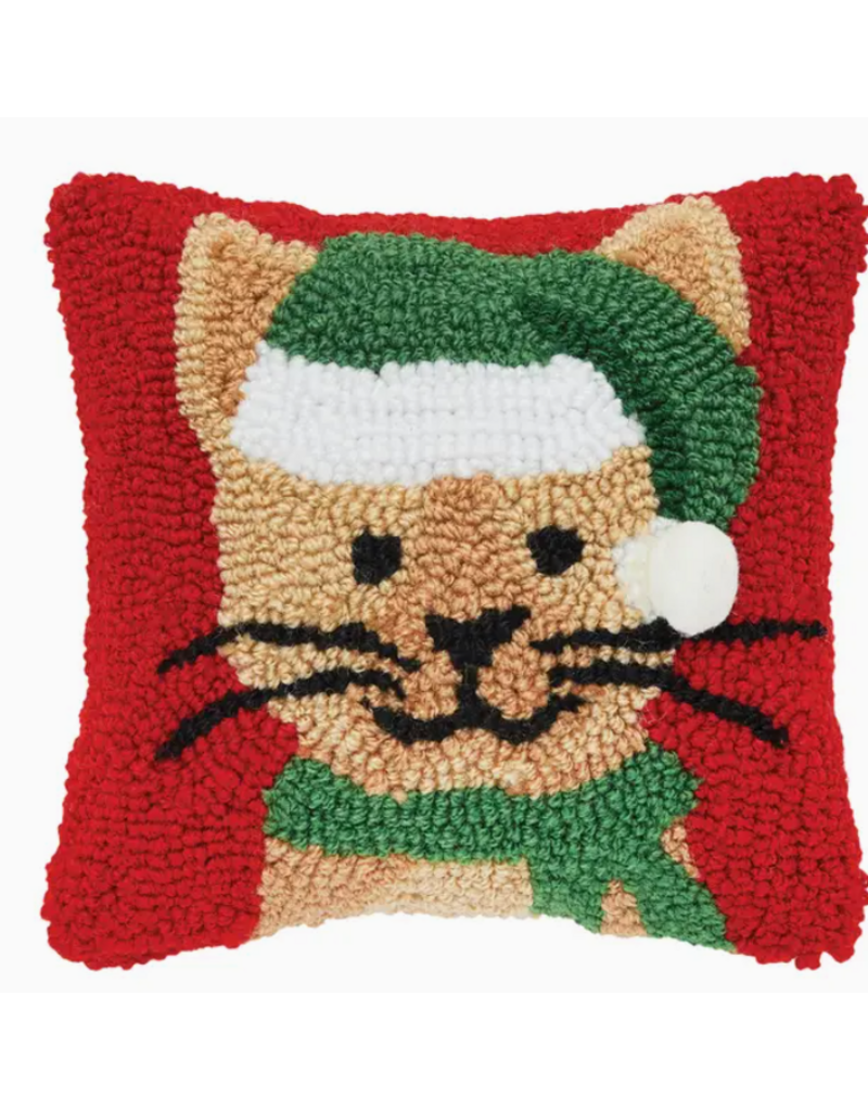 C and F Home Holiday Pillow, Christmas Kitty, hooked, 8x8