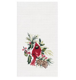 C and F Home Holiday Dish Towel, Male Cardinal with Pine Cones, waffle weave