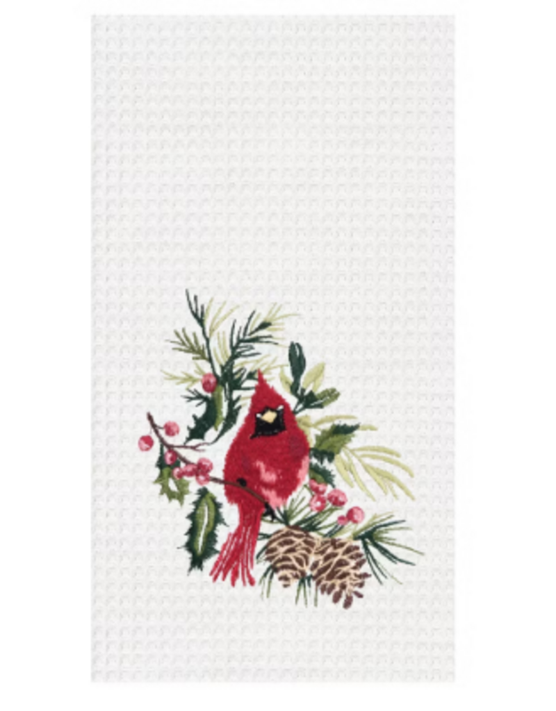 C and F Home Holiday Dish Towel, Male Cardinal with Pine Cones, waffle weave