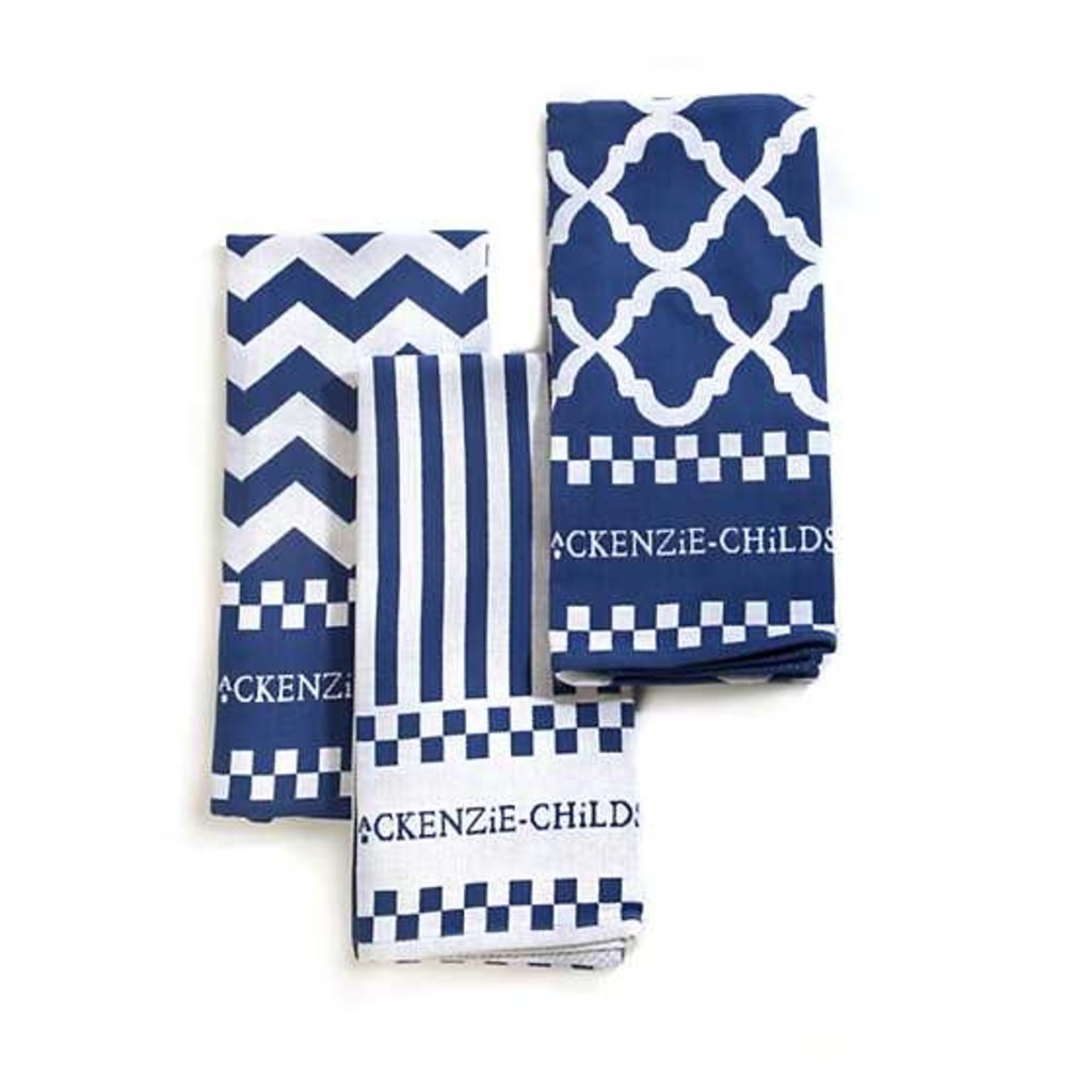 Mackenzie-Childs Blue & White Zig Zag Dish Towels - Set Of 3