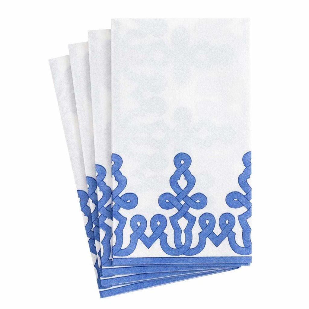 Caspari Dessin Passementerie Paper Linen Guest Towel Napkins in Riviera Blue - 12 pkg
