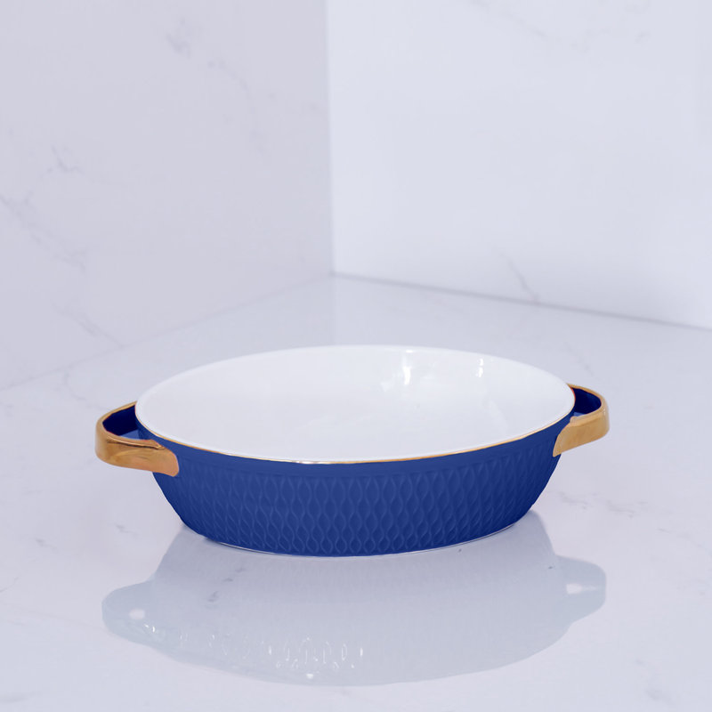 Beatriz Ball Ceramic Small Oval baker with Gold handles Blue and Gold