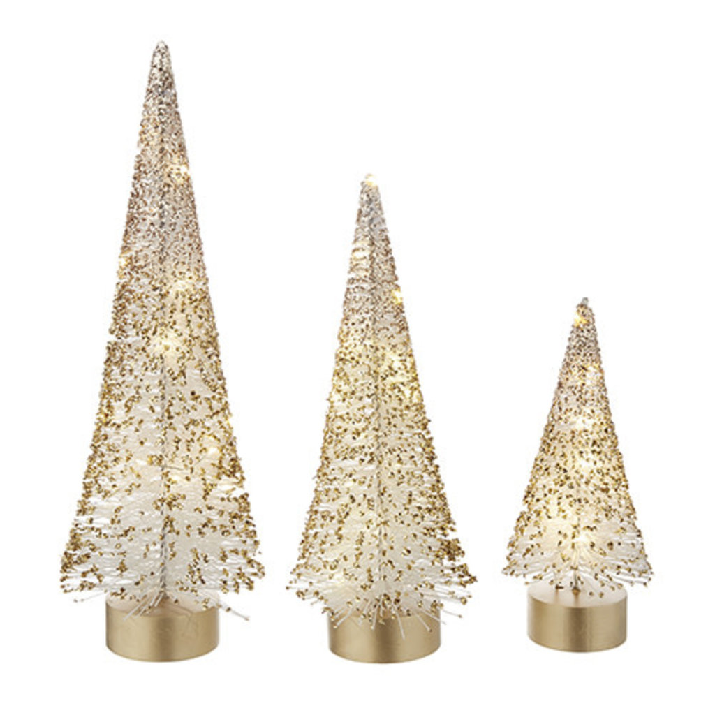 15" White w/Gold Glitter Lighted Bottle Brush Tree
