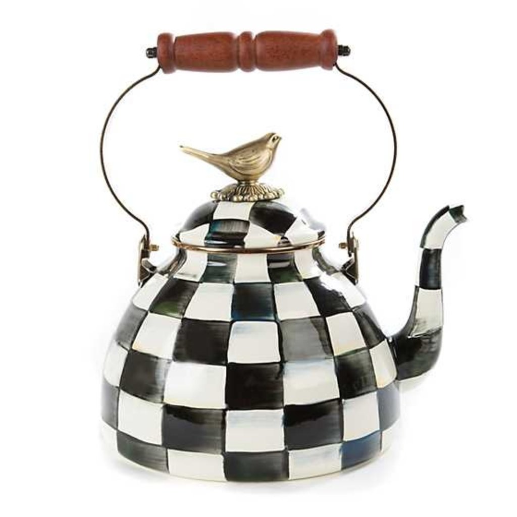 Mackenzie-Childs Courtly Check Enamel 3 qt Teapot w/bird