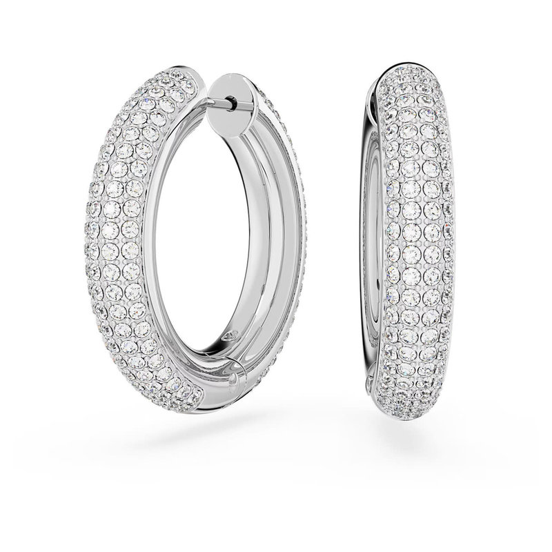 Swarovski Dextera hoop earrings, Medium, White, Rhodium plated