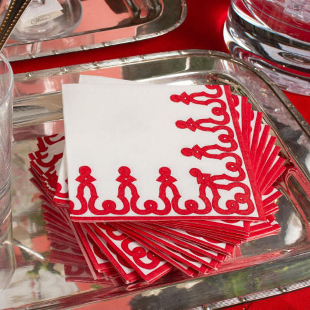 Caspari Dessin Passementerie Paper Linen Cocktail Napkins in Red