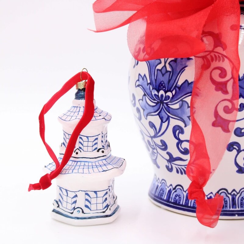 4.5in Glass Pagoda Blue and White Ornament