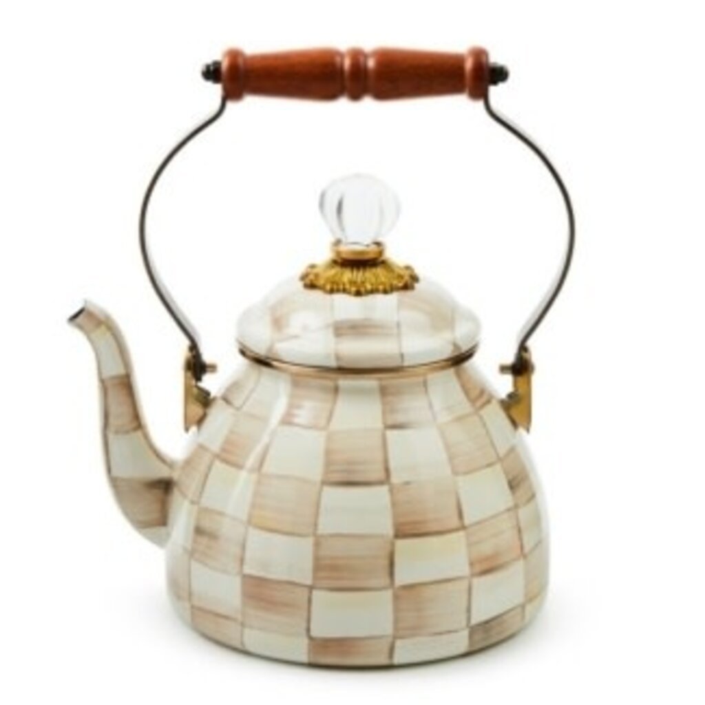 Mackenzie-Childs mocha check 2 quart tea kettle