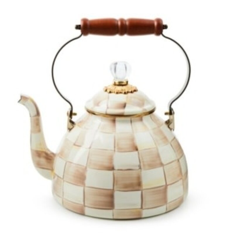Mackenzie-Childs mocha check 3 quart tea kettle