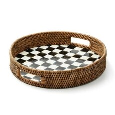 Mackenzie-Childs courtly check enamel & rattan round serving tray