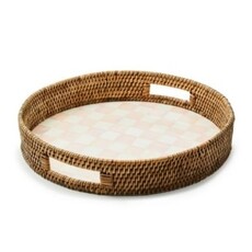 Mackenzie-Childs rosy check enamel & rattan round serving tray
