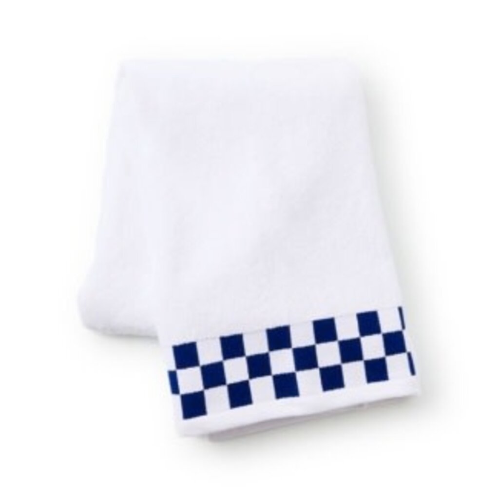 Mackenzie-Childs bath towel with navy check border